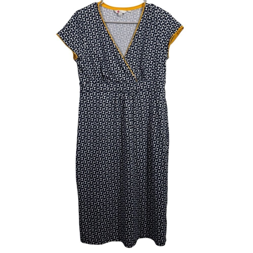 Boden Cap Sleeve Blue and White Patterned Midi Length Day Dress